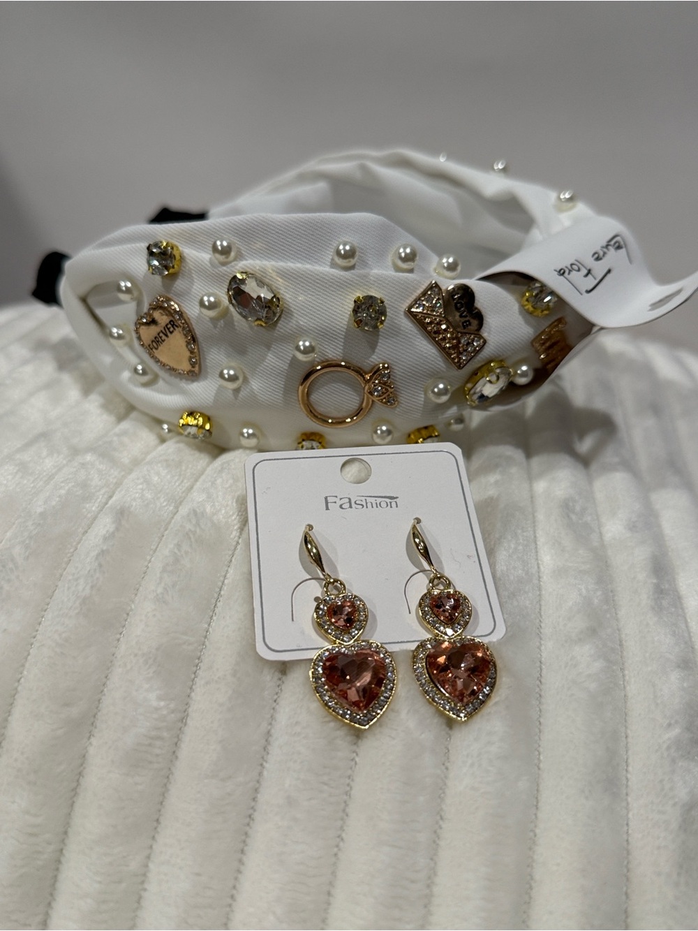 Gold-Tone Pink Crystal Heart Drop Earrings and White embellished headband. NWT